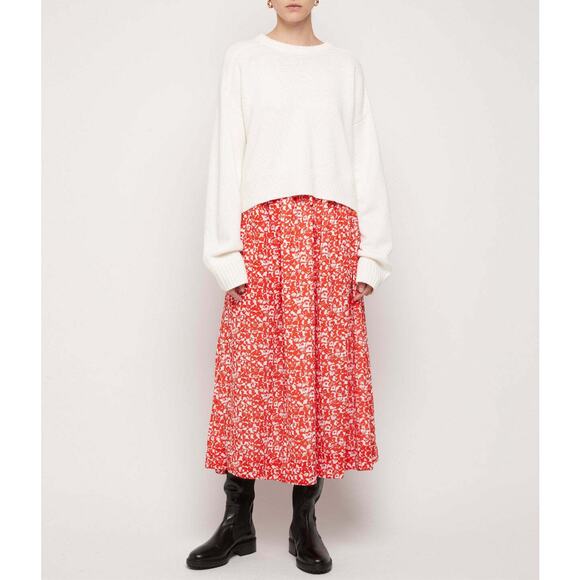 GANNI Floral Printed Crepe Midi Skirt Tomato Red Sz EU 32 / US 2 Made in India - Picture 4 of 9